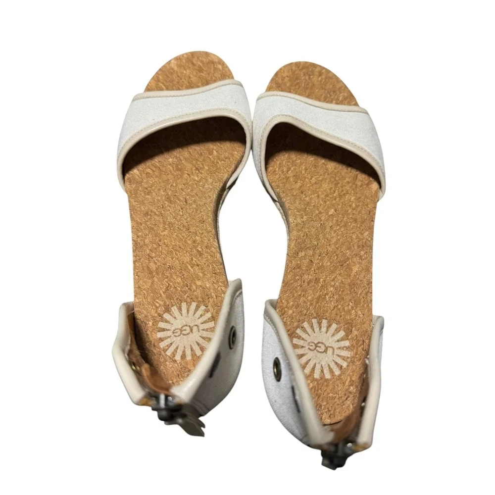 UGG Canvas Espadrille Wedge Sandals Cream Cork Jute Sz 7 Back Zip Open Toe